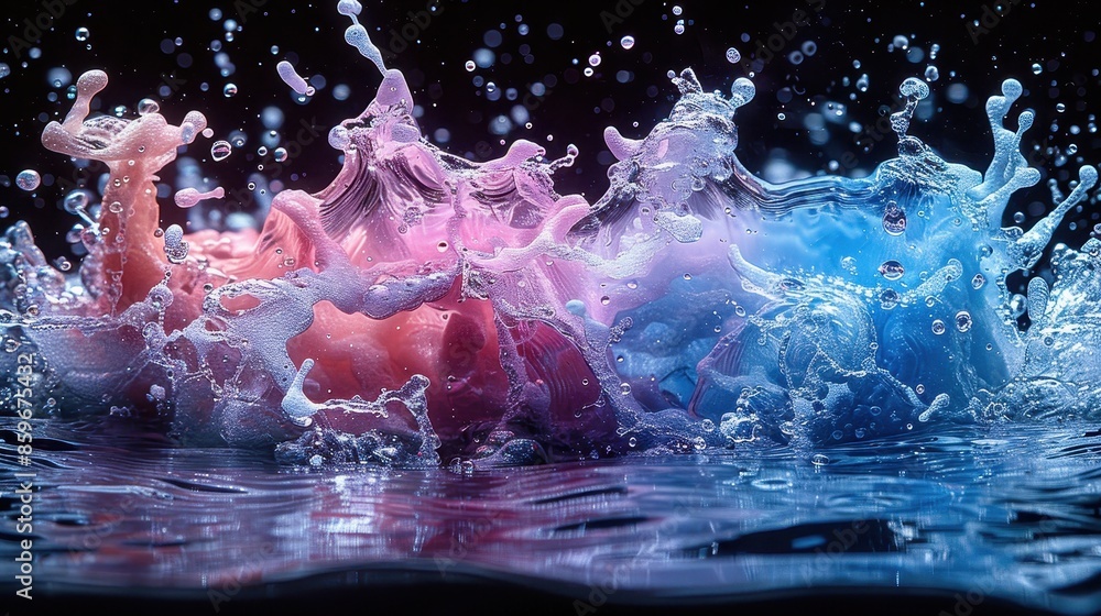 Poster an enchanting scene featuring whimsical splashes of pink and blue colors in water, forming an abstra