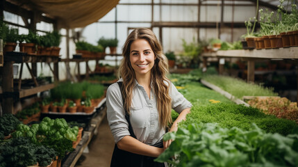 Small greenhouse business. Businesswoman selling flowers and seedlings, vegan lifestyle 