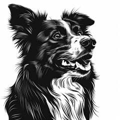 A black and white drawing of a Border Collie dog