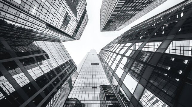 A black and white monochrome a city skyline with tall buildings