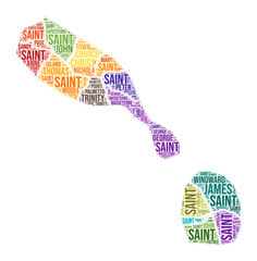 Saint Kitts and Nevis region word cloud. Country shape design. Saint Kitts and Nevis colored illustration. Region names collage cloud. Vector illustration.