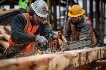 Construction Workers Using Chainsaw on Wooden Beams at Busy Job Site - Safety and Productivity Focus