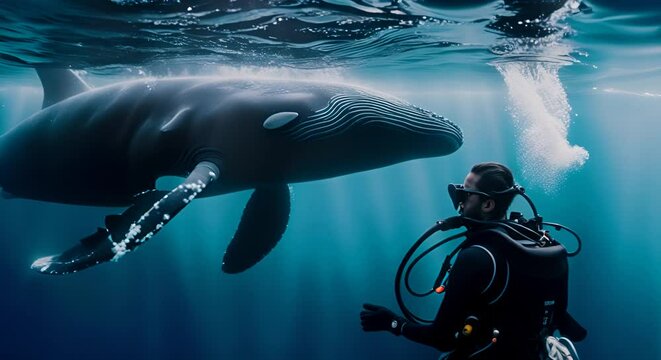 Diver swimming with a whale.