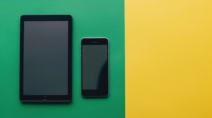 Digital tablet and smartphone displayed from above on green and yellow background
