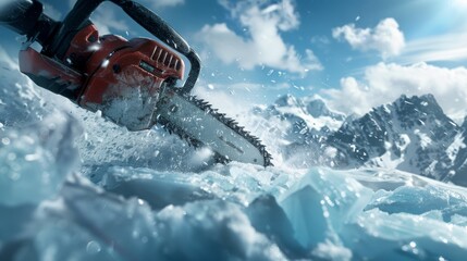 Naklejka premium Extreme Winter Chainsaw Cutting Through Ice in Dramatic Arctic Environment for Adventure Posters