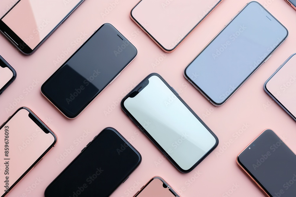 Poster A flat lay of multiple modern smartphones arranged at different angles on a pink background. Generative AI