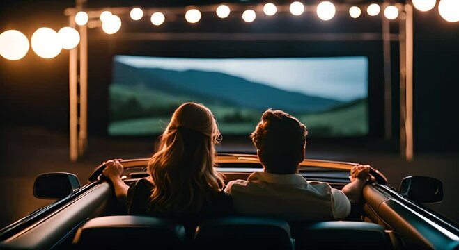 Couple in a convertible car at a drive-in movie theater.