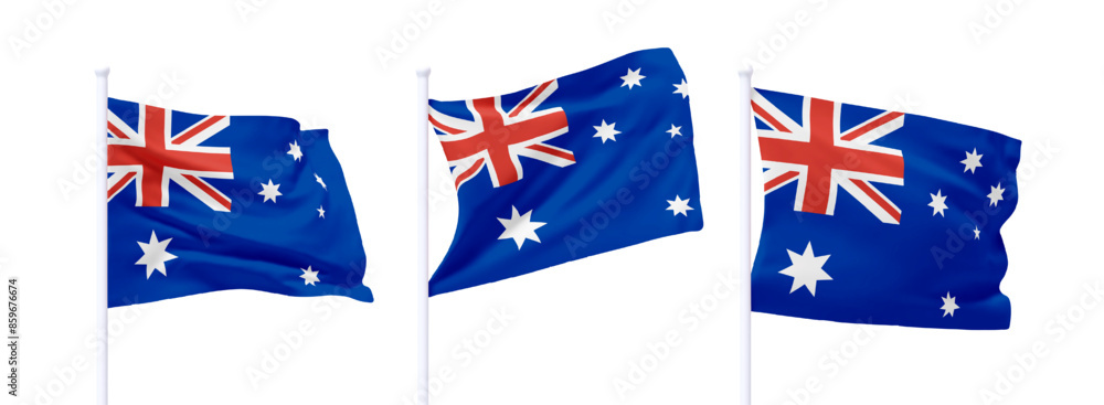 Poster set of australian waving flag on flagpole. realistic 3d design flag flies on the wind on isolated wh