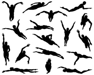 SVG Black silhouettes of swimmers on a white background