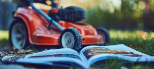 Lawn Mower Safety Manual Open on Grass with Lawn Mower in Background for Instructional Use
