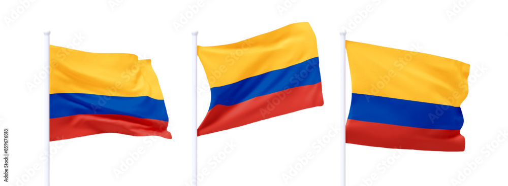 Poster set of colombian waving flag on flagpole. realistic 3d design flag flies on the wind on isolated whi