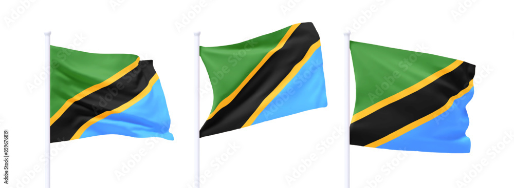 Poster set of tanzanian waving flag on flagpole. realistic 3d design flag flies on the wind on isolated whi