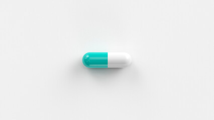 White turquoise single pill isolated on a white background. Tablet, pill capsule top view, flat lay. 3d render illustration 