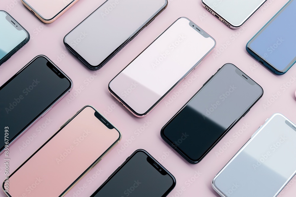 Poster several contemporary smartphones, each angled differently, are displayed on a soft pink surface. gen