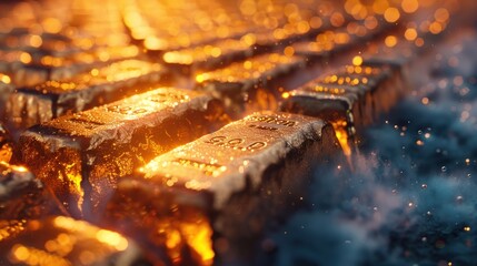 Glowing Gold Bars in Smoke and Fire