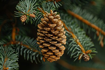 Fototapeta premium Pine Cone Close-Up on Evergreen Branch