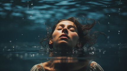 
mental health, portrait of sad woman floating in water, apathy