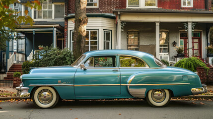 Fototapeta premium A blue vintage car is parked on a residential street in front of a row of brick and wood-paneled houses.