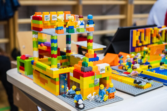 Tallinn, Estonia - May 5, 2024: Moving Lego robot built by kids. At First Lego League children build robots and solve robotics challenges.