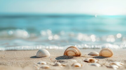 Serene Beach with Seashells on White Sand and Turquoise Waves Under a Sunny Sky