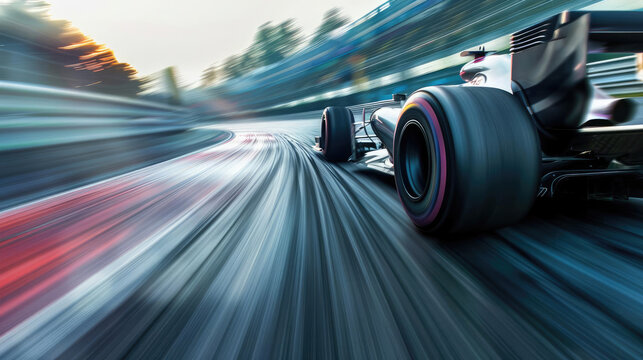 A lowangle shot of a racing car with a motionblurred track, capturing the intensity and speed