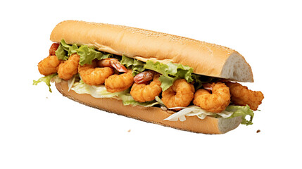 Crispy Shrimp Po'Boy Sandwich Collection Set on White Background - Traditional Southern Cuisine, Delicious Gourmet Lunch Images for Menus and Food Blogs