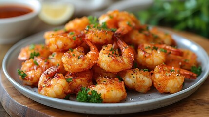 Fototapeta premium A tempting dish of seasoned shrimp garnished with fresh parsley, beautifully arranged on a white plate, with a side of lemon and a dipping sauce, depicting a savory meal.