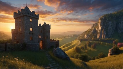 Fototapeta premium Spring landscape of historic castle ruins against the background of beautiful and natural green hills illuminated by the sun rays