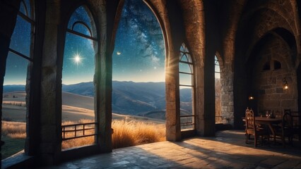 Magic castle on the background of mountains and moonlight