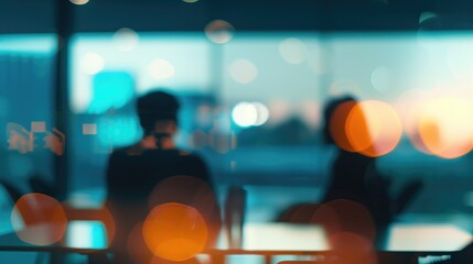 A vibrant scene of a modern office with blurred figures of employees working at their desks. The warm lighting contrasts with the cool tones, creating an energetic and productive atmosphere.