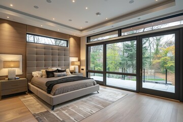Fototapeta premium Modern luxury bedroom with large windows