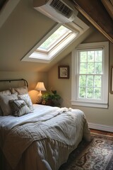Obraz premium Cozy Attic Bedroom with Air Conditioner, Skylights, and Comfortable Bedding