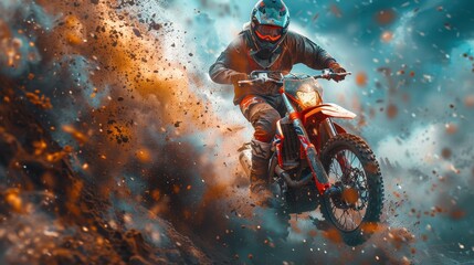 A motocross rider demonstrates impressive skill and control as they speed through a dirt track, with dramatic dust and debris flying all around, capturing a moment of high intensity.