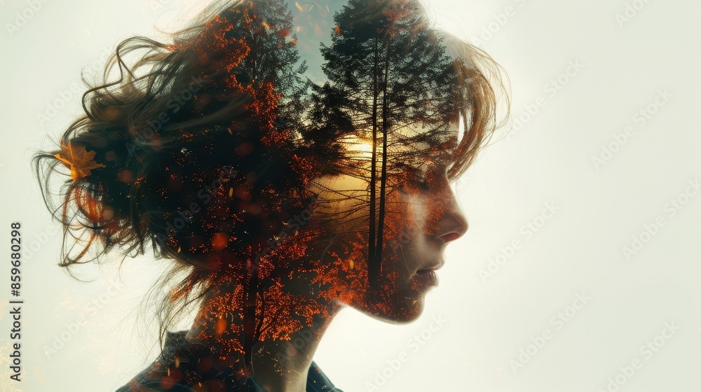 Poster artistic double exposure image of a woman’s side profile silhouette blending seamlessly with a sceni