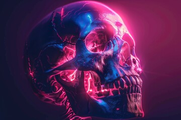 Neon Glowing Skull in Dark Background