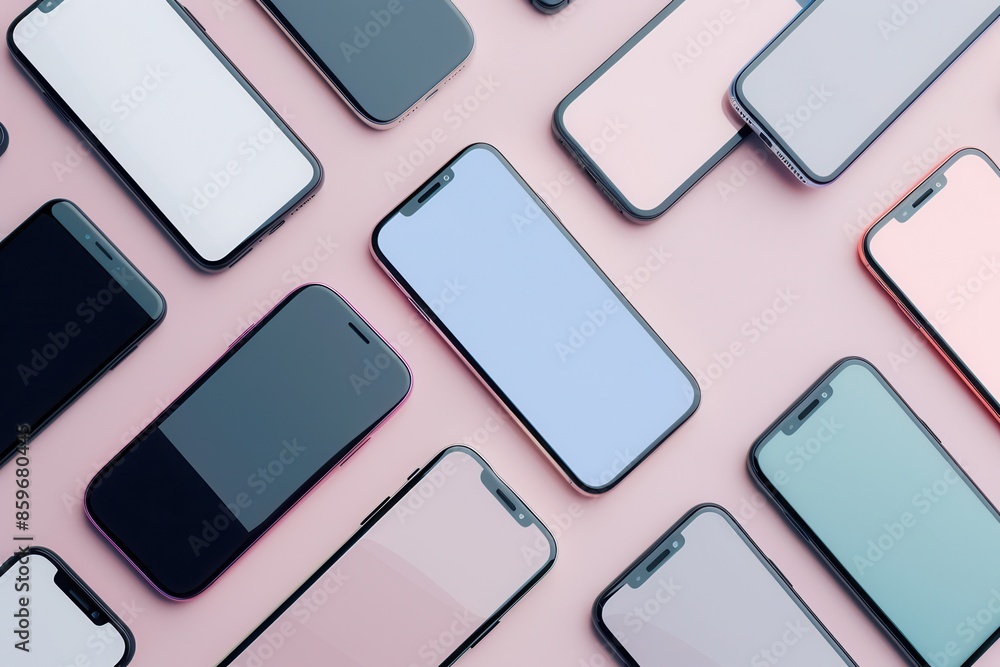 Fototapete a flat lay of various modern smartphones with blank screens arranged in different angles on a pink b