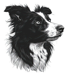 A black and white drawing of a Border Collie dog