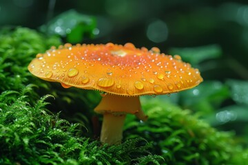 Obraz premium Orange mushroom with dew in green mossy forest