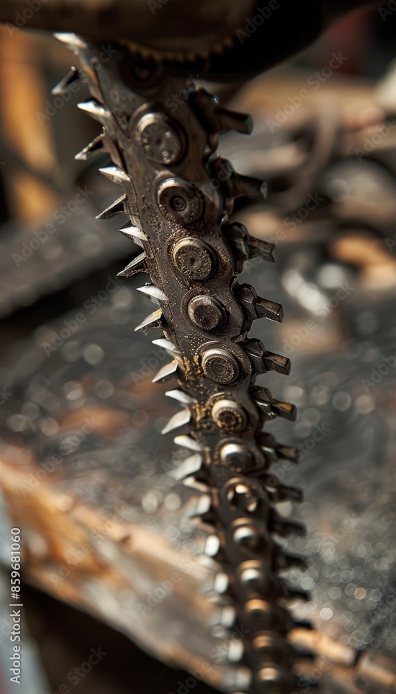 Poster close-up of a chainsaw chain being sharpened with precision for maintenance and safety