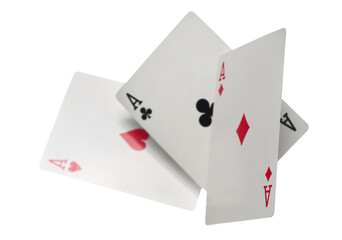 Flying playing card for poker and gambling, three aces isolated on white, clipping path	
