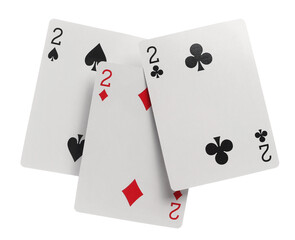 Flying playing cards for poker and gambling, set three deuces isolated on white, clipping path	