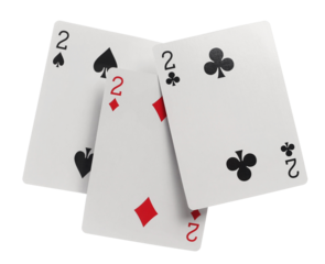 Flying playing cards for poker and gambling, set three deuces isolated on white, clipping path	