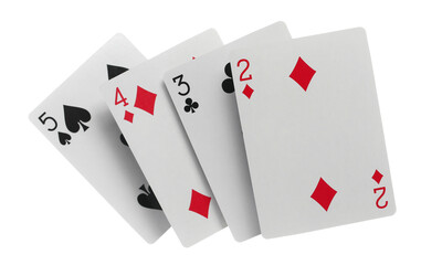 Flying playing cards for poker and gambling, 2, 3, 4, 5 isolated on white, clipping path	