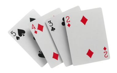 Flying playing cards for poker and gambling, 2, 3, 4, 5 isolated on white, clipping path	