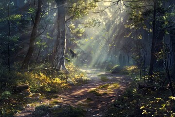 Obraz premium Peaceful Forest Path with Sunlight Streaming Through Trees - Ideal for Nature Posters and Prints