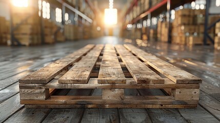 Obraz premium The image portrays a wooden pallet on a brightly lit warehouse floor during sunset, emphasizing the warm glow of the sunlight and the detailed texture of the pallet.