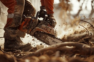 Dynamic Action Shot of Chainsaw Cutting Thick Root at Construction Site for Industrial Projects