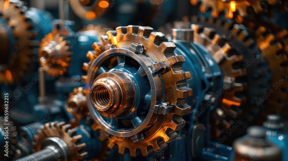 Poster this image depicts a complex assembly of gears interlocked and working together in an industrial mac