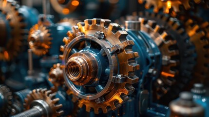 This image depicts a complex assembly of gears interlocked and working together in an industrial machine, showcasing precision engineering and functional design.