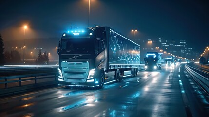 Autonomous Fleet of Futuristic Trucks on Highway with Self-Driving System for Transportation Concepts - Wide Banner with Copy Space